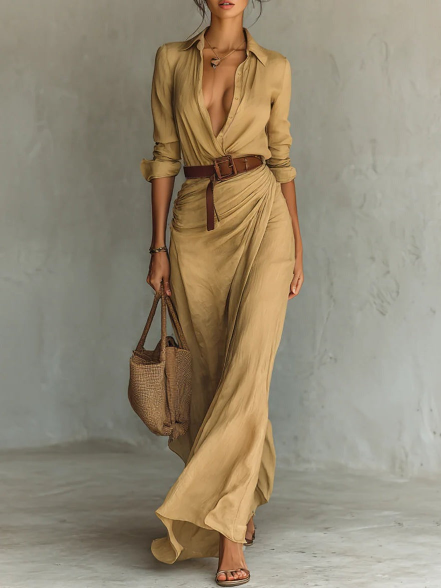 Agnès | Notched Collar Long Shirt Dress with Wrap Skirt