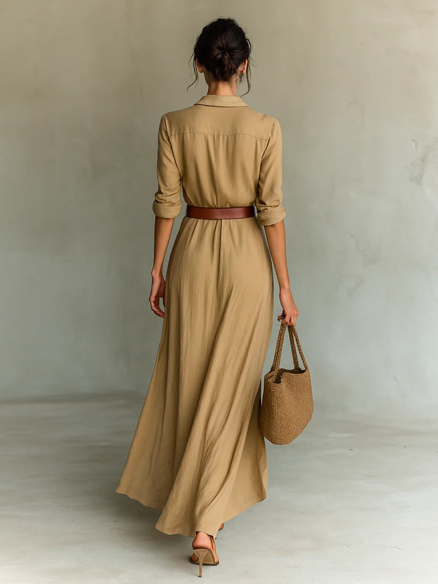 Agnès | Notched Collar Long Shirt Dress with Wrap Skirt