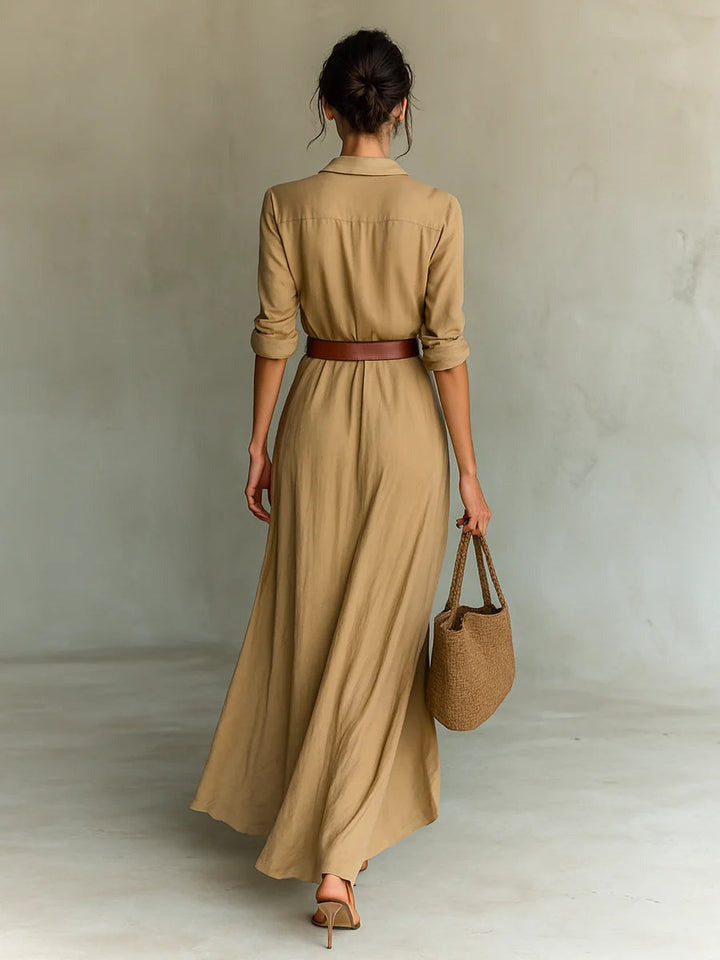 Agnès | Notched Collar Long Shirt Dress with Wrap Skirt