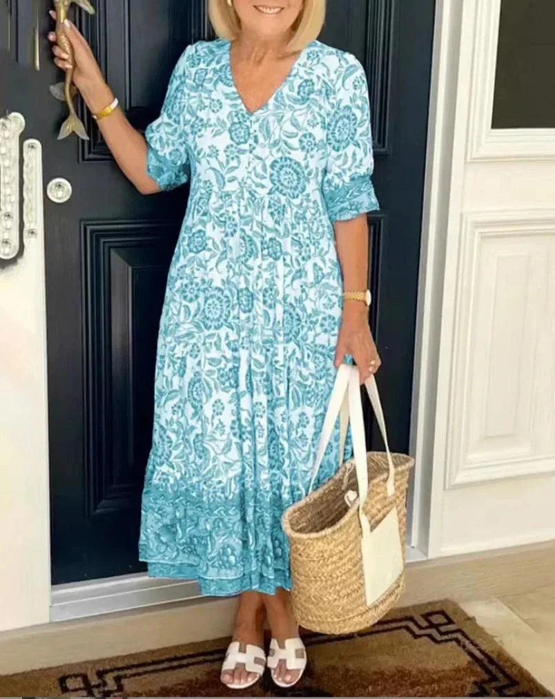 ARIA™ – Elegant Floral V-Neck Dress