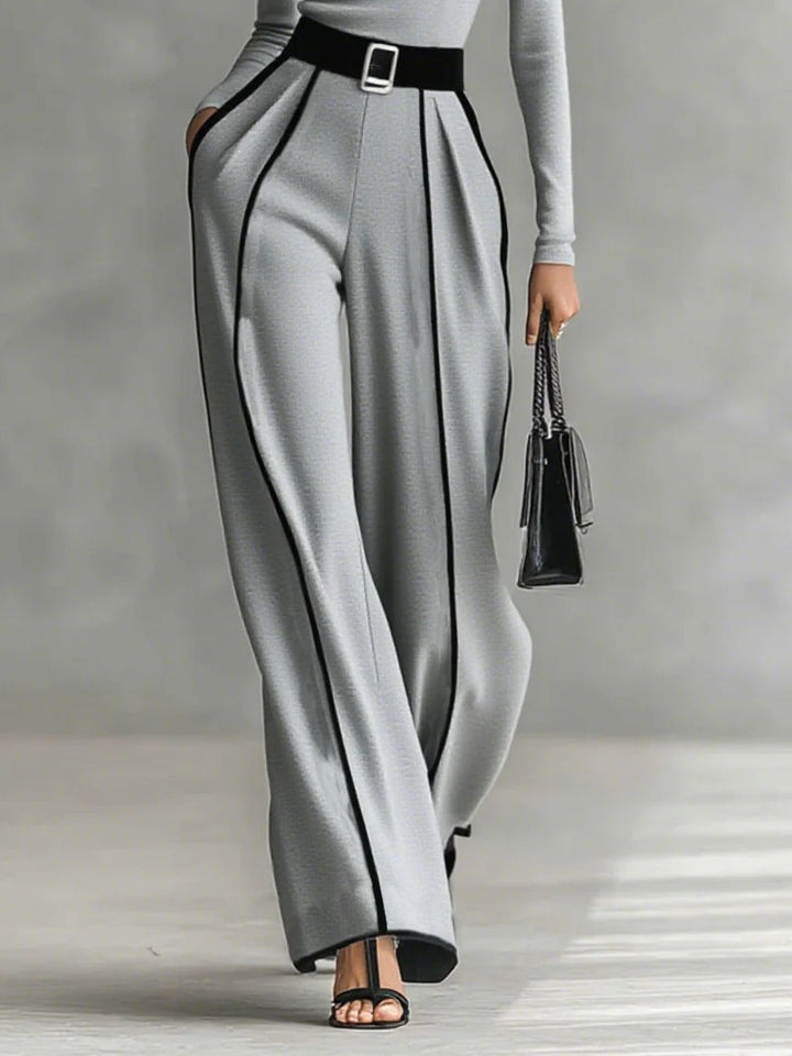 High-neck Long-sleeved Top With Wide-leg Pants and Belt Set