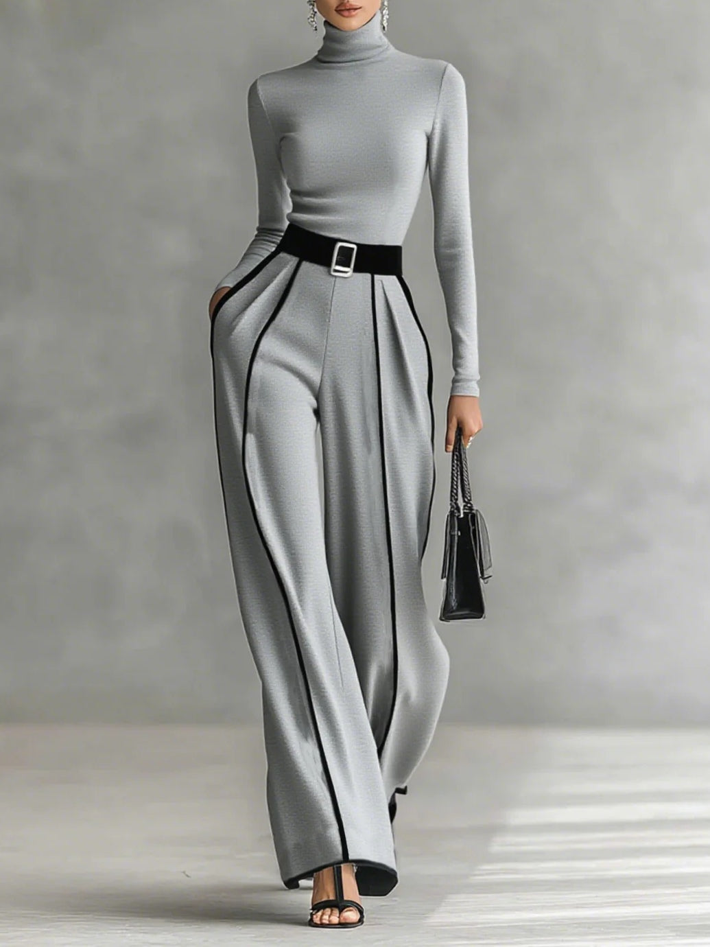 High-neck Long-sleeved Top With Wide-leg Pants and Belt Set