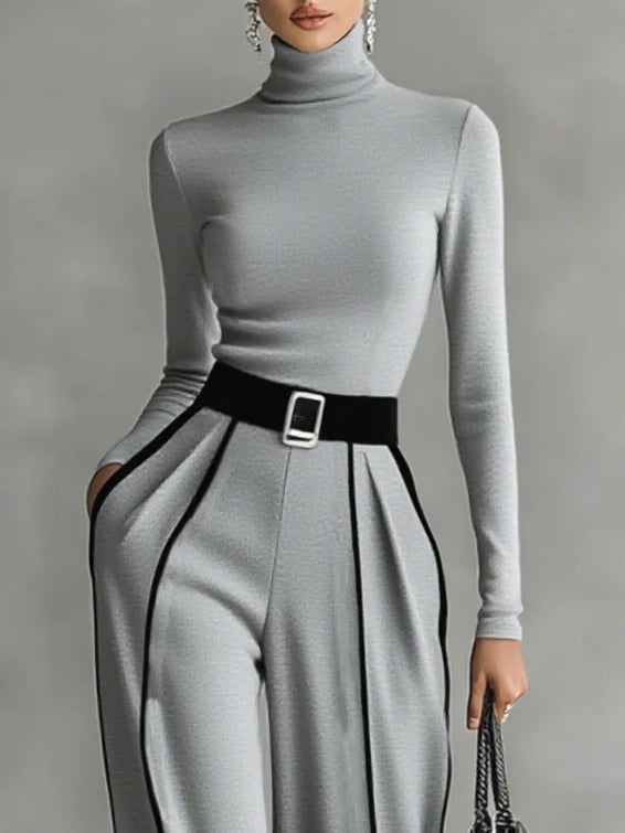 High-neck Long-sleeved Top With Wide-leg Pants and Belt Set
