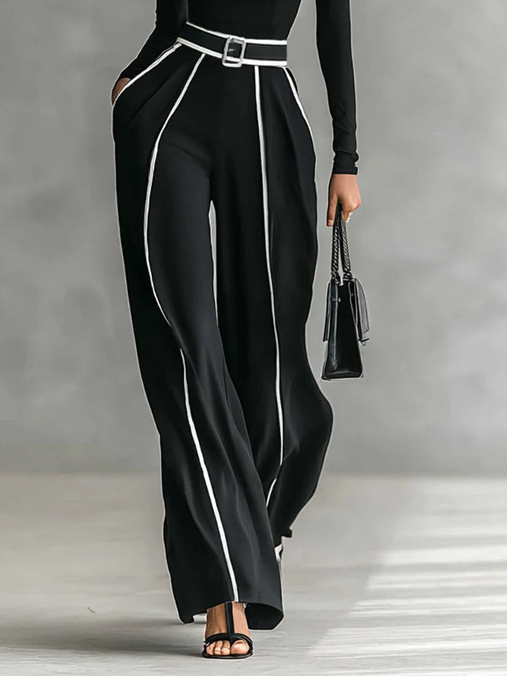 High-neck Long-sleeved Top With Wide-leg Pants and Belt Set