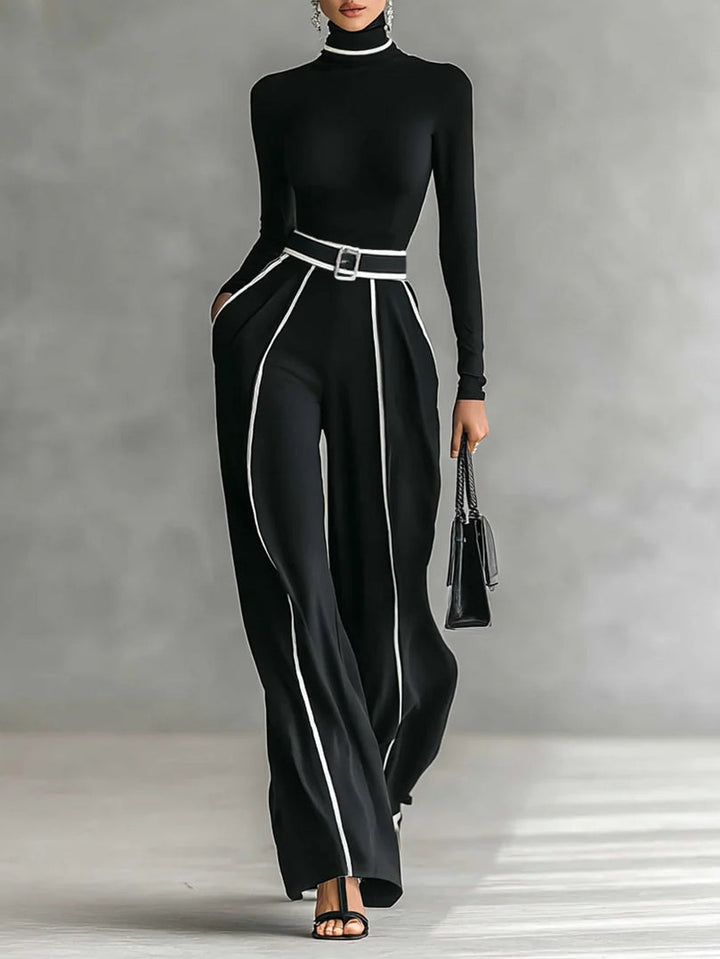High-neck Long-sleeved Top With Wide-leg Pants and Belt Set