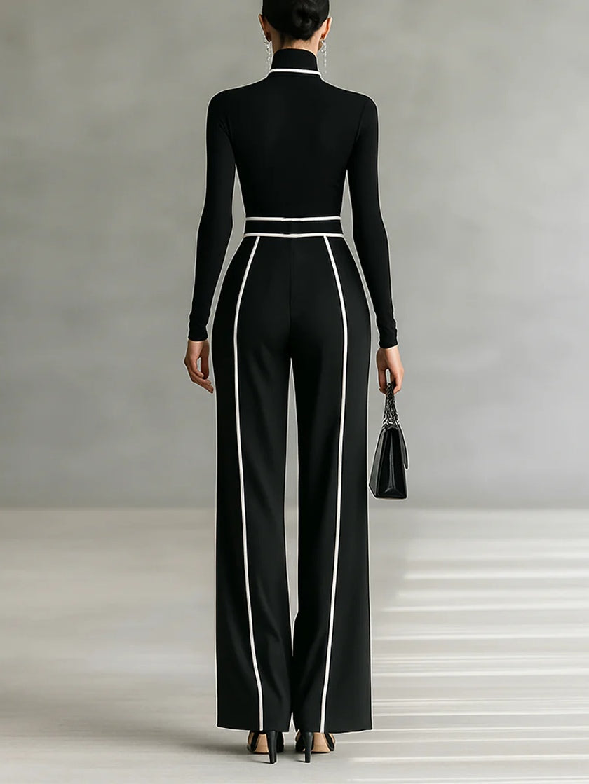 High-neck Long-sleeved Top With Wide-leg Pants and Belt Set