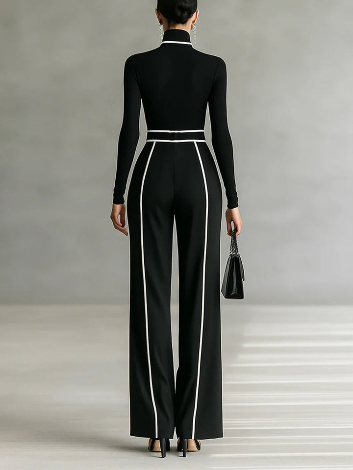 High-neck Long-sleeved Top With Wide-leg Pants and Belt Set