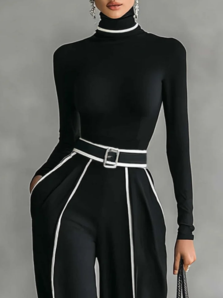 High-neck Long-sleeved Top With Wide-leg Pants and Belt Set